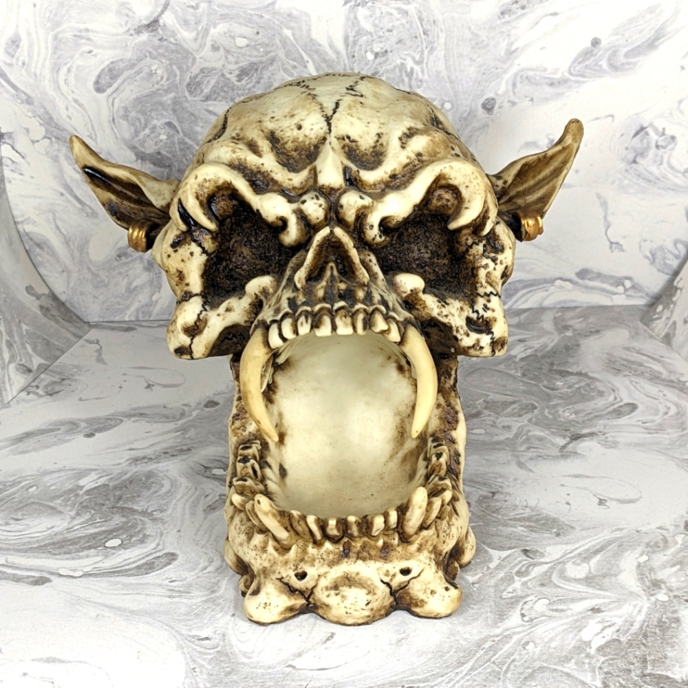 Goblin, Orc, Troll Skull Trinket Tray Bowl, Hand painted, 5 inches tall